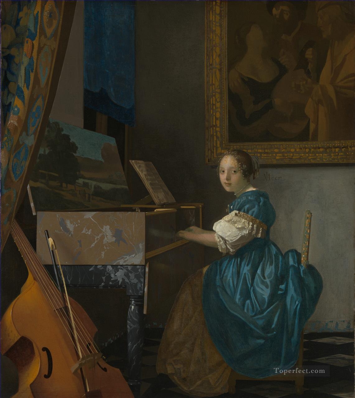 Dama sentada ante un virginal barroco de Johannes Vermeer Pintura al óleo